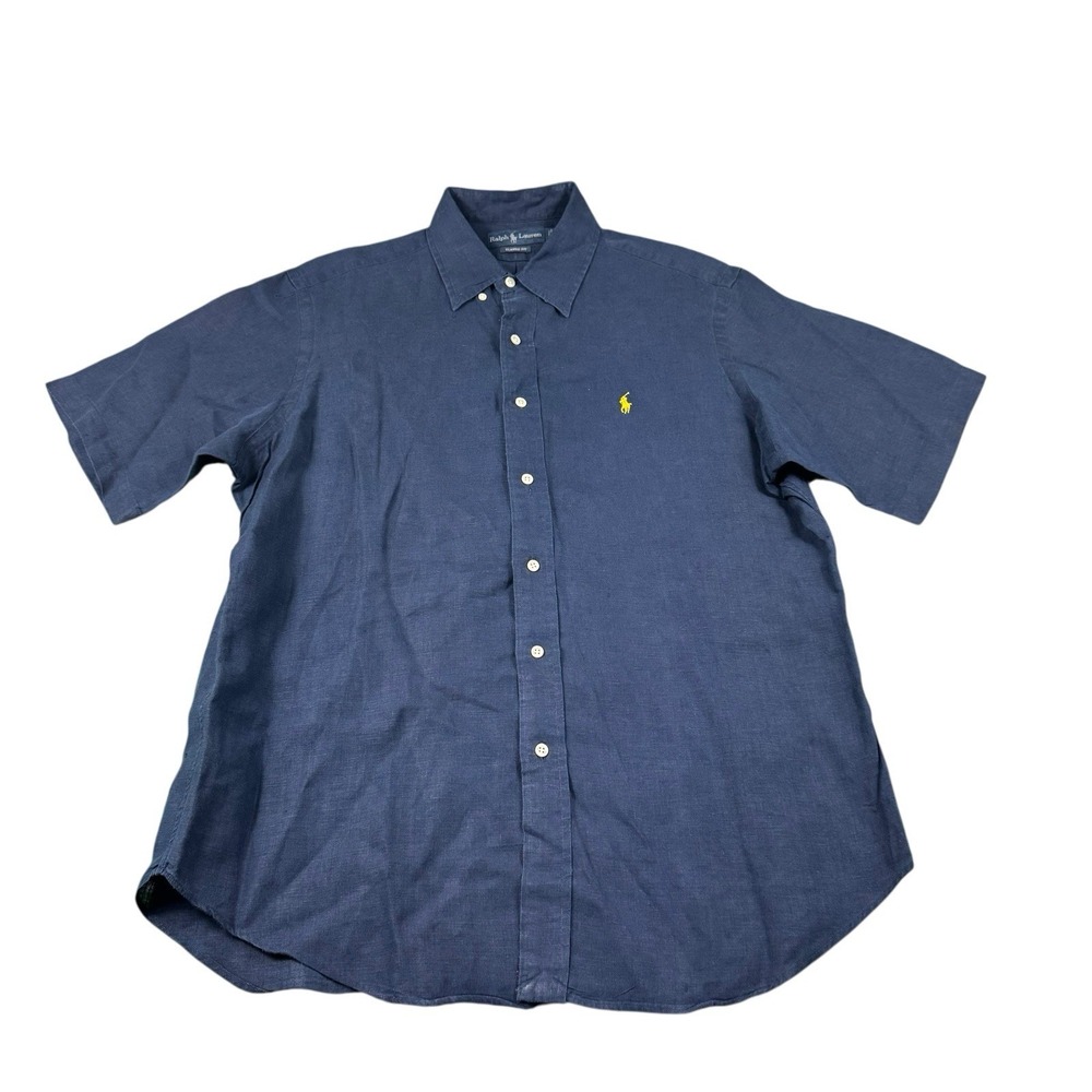 Polo Ralph Lauren VTG Blue Pure Linen Yellow Pony S/S Men’s Button Front Size L